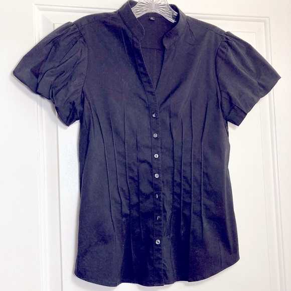 Little Black Button up Puff Sleeve Shirt - Picture 2 of 11